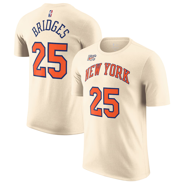 Men's New York Knicks #25 Mikal Bridges Cream 2025/26 City Edition Name & Number T-Shirt Men's New York Knicks #25 Mikal Bridges Cream 2025/26 City Edition Name & Number T-Shirt